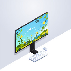 Desktop computer monitor with keyboard and mouse vector