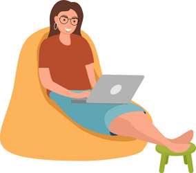 A woman with laptop sits in chair work from vector