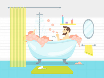 cartoon man in bathroom bathtub with foam card vector