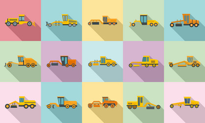 grader machine icons set flat style vector