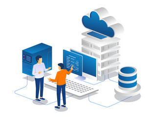 Two Professionals Discussing Cloud Server Technolo vector image