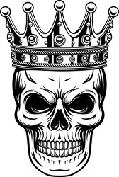 Royal Skull with Crown - Black & White Vector Image