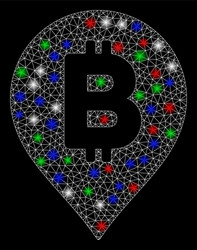 Bright mesh carcass bitcoin map marker with flash vector