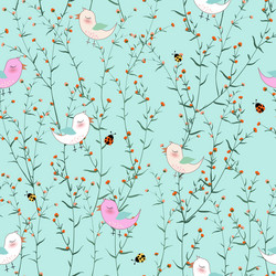 Cute birds in blooming flowers garden vector