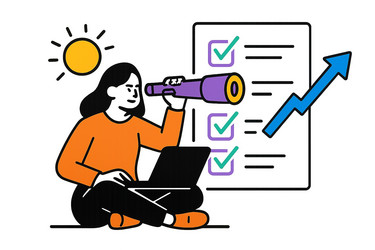 person using binoculars to analyze reports while vector image