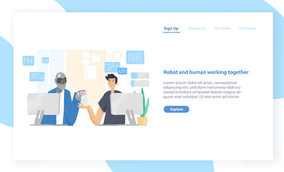 Landing page template with funny robot and man vector