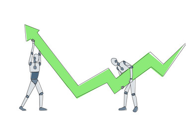 Single continuous line drawing two robots holding vector