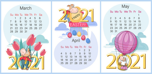 Spring calendar march april may 2021 set funn vector