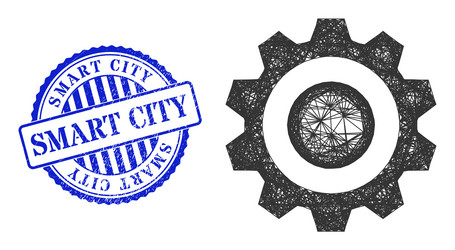 Grunge smart city badge and net cog web mesh vector