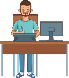 man working with desktop in desk character vector