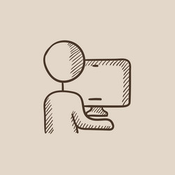 Man at Computer Icon - Sketch vector image