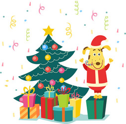 Cute Dog in Santa Hat Near Christmas Tree Vector Image