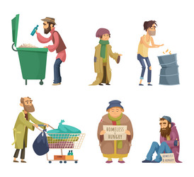 Poor and homeless adults people characters set vector