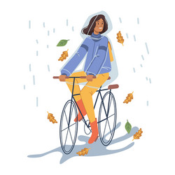 Woman in raincoat riding bicycle under rain vector