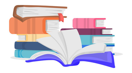 book pile open and closed books library stack vector