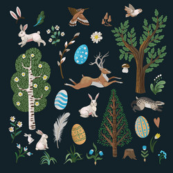 rustic elements such as trees rabbits eggs vector image