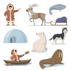 alaska elements and happy inuits flat set for web vector