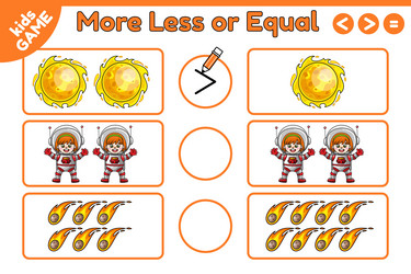 Math game more less or equal with space objects vector