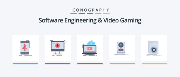 Software engineering and video gaming flat 5 icon vector