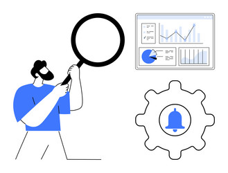 man analyzing data with magnifying glass charts vector image