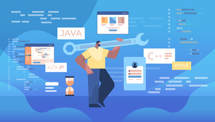 Man programmer holding wrench developer optimizes vector