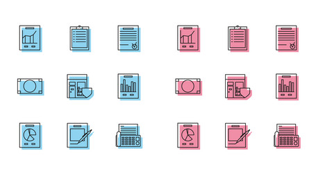 Set line document with graph chart blank notebook vector