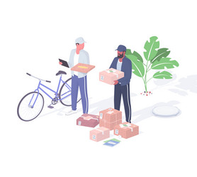 Couriers sort and load parcels realistic isometric vector