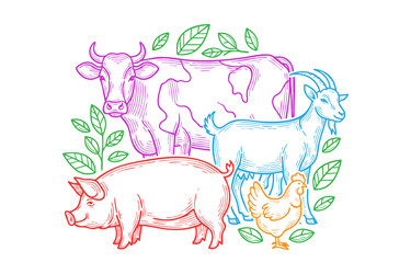 colorful farm animal group cow pig goat chicken Vector Image