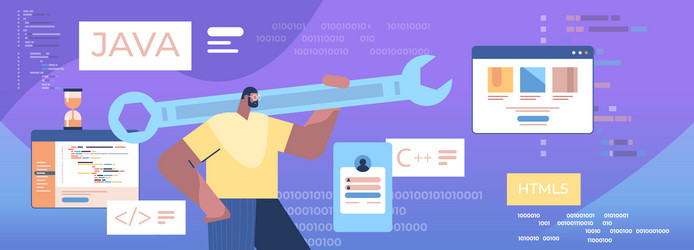 Man programmer holding wrench developer optimizes vector