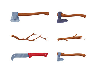 wood chopping equipment with axe knife and branch vector