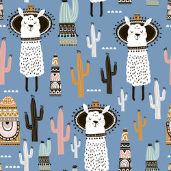 seamless pattern with llama cactus and hand drawn vector image