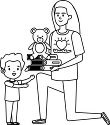 woman volunteer giving a boy books and bear teddy vector