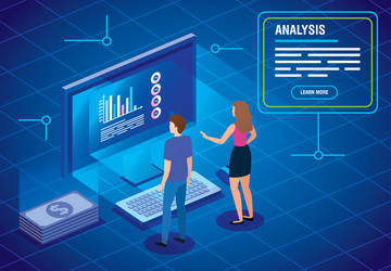 Businesswoman with laptop and data analysis vector