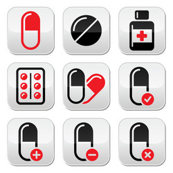 pills medication red and black icons set vector