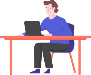 Young man is siting at a desk in front laptop vector