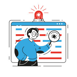 male developer fixing bug in code use magnifying vector image