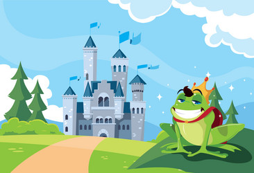 Frog prince with castle fairytale in mountainous vector