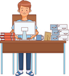 man working with desktop in desk and pile vector image