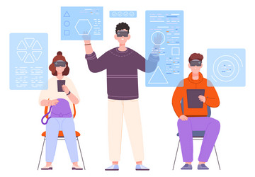 futuristic workspace people working with data vector image