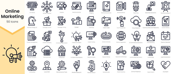 Simple outline set of online marketing icons thin vector