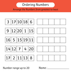 Ordering numbers worksheet arrange numbers Vector Image