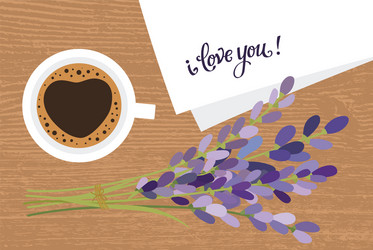 Bouquet and a cup coffee lavender flowers vector