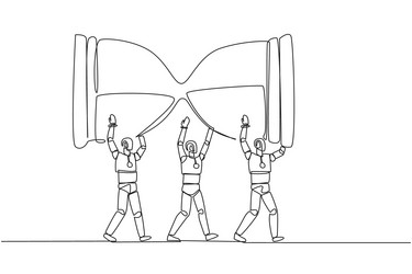 single one line drawing group of robots work vector image