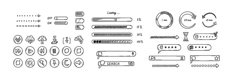 Doodle interface design elements click icons vector