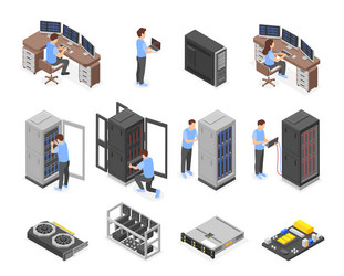 isometric engineers characters data center vector image
