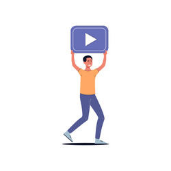 Cartoon man holding up play button - video viewing vector