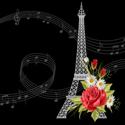 eiffel tower with flowers and music notes on black vector