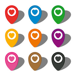 Set of nine colorful map pointers with heart icon vector