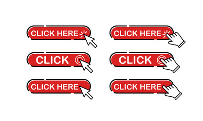 click here button in red with mouse pointer hand vector image