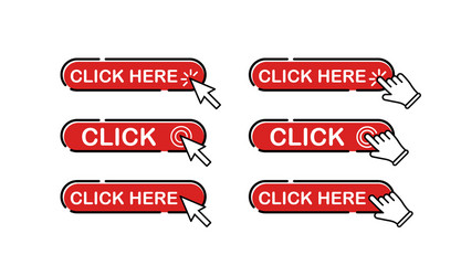 Click here button in red with mouse pointer hand vector